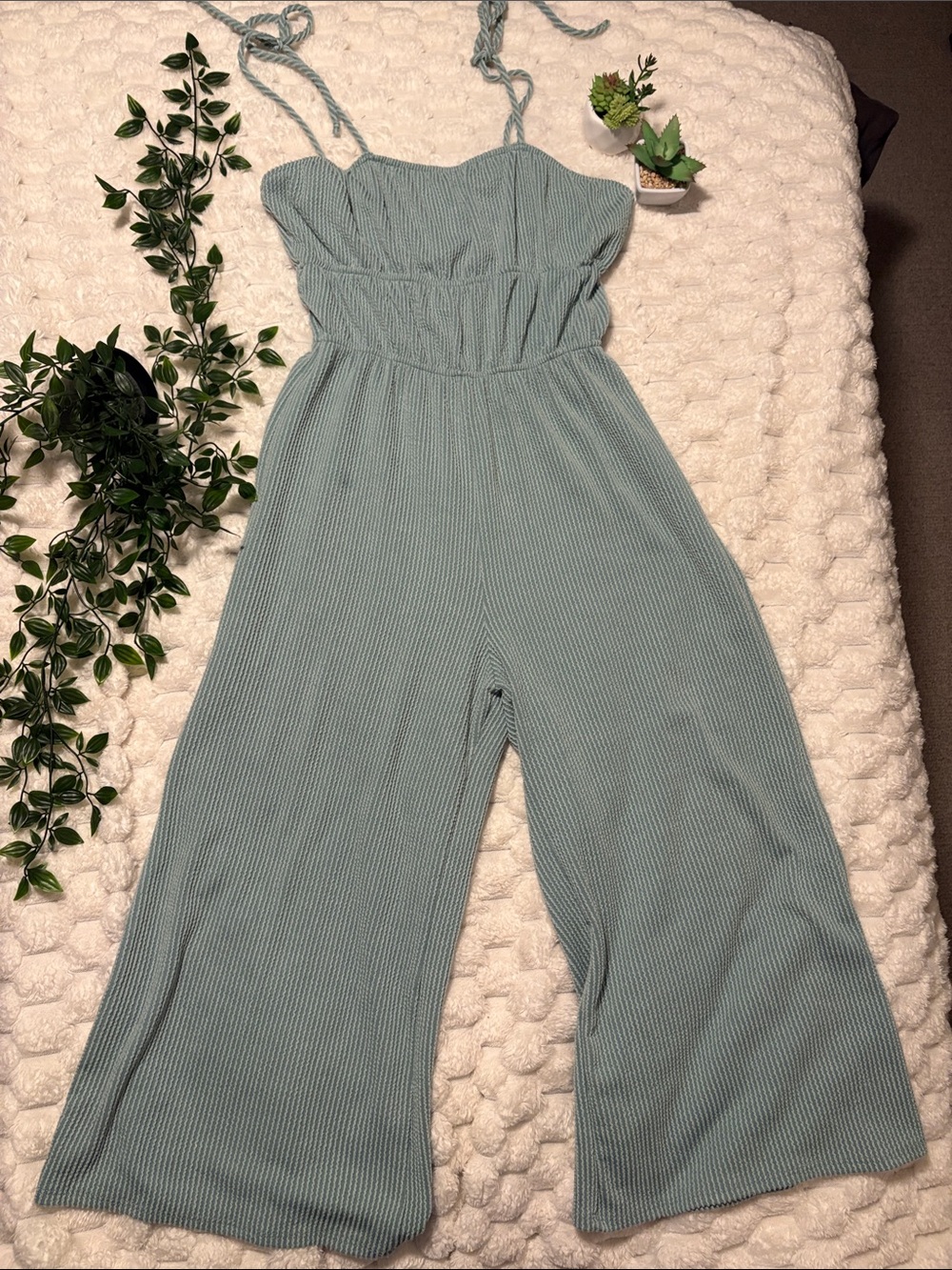 Rolla Coster Mint Ribbed Wide-Leg Spaghetti Strap Jumpsuit